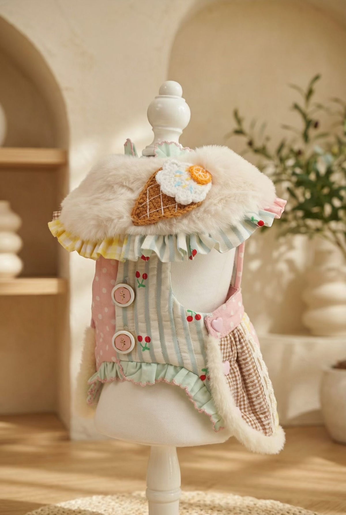 Elsamilu おとぎ話のプリンセス ファーカラー ペットドレス – 小型犬・猫用 エレガントな冬服