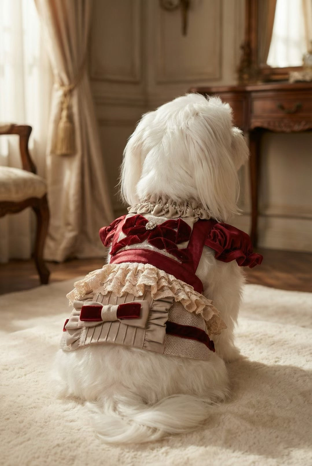 Elsamilu Bordeaux Velvet Romance Pet Dress – Elegant Winter Outfit for Small Dogs & Cats