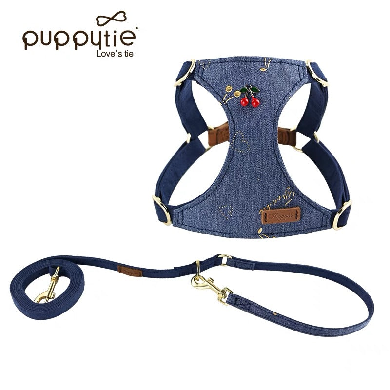 Puppytie デニムチェリードッグ&キャットハーネス – 引っ張り防止ペットベスト(ソフトスエード背面付き)| Denim Cherry Dog & Cat Harness – No-Pull Pet Vest with Soft Suede Back