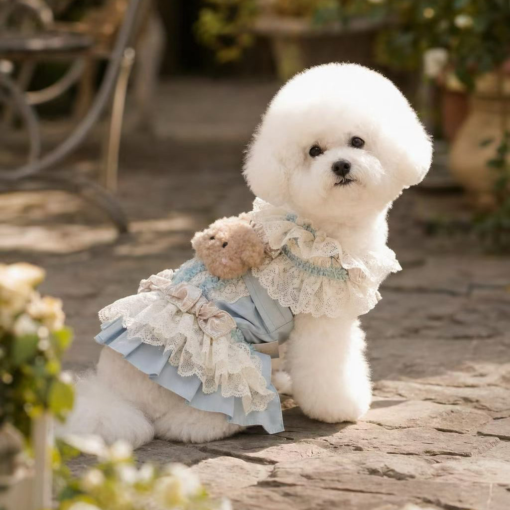 Elsamilu Lovely Bear Romantic Pet Dress – Blue Lace Outfit for Small Dogs & Cats