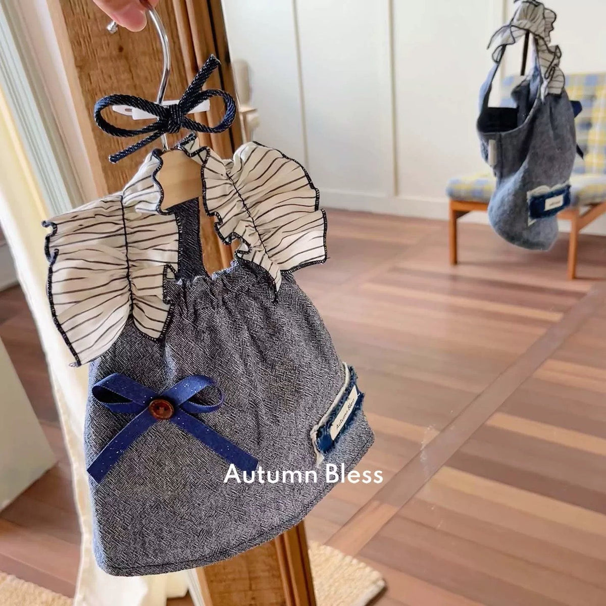 Autumn Bless 刺繍レース&デニムフリルスリーブワンピース(リボンヘアクリップ付き・初秋コレクション)
