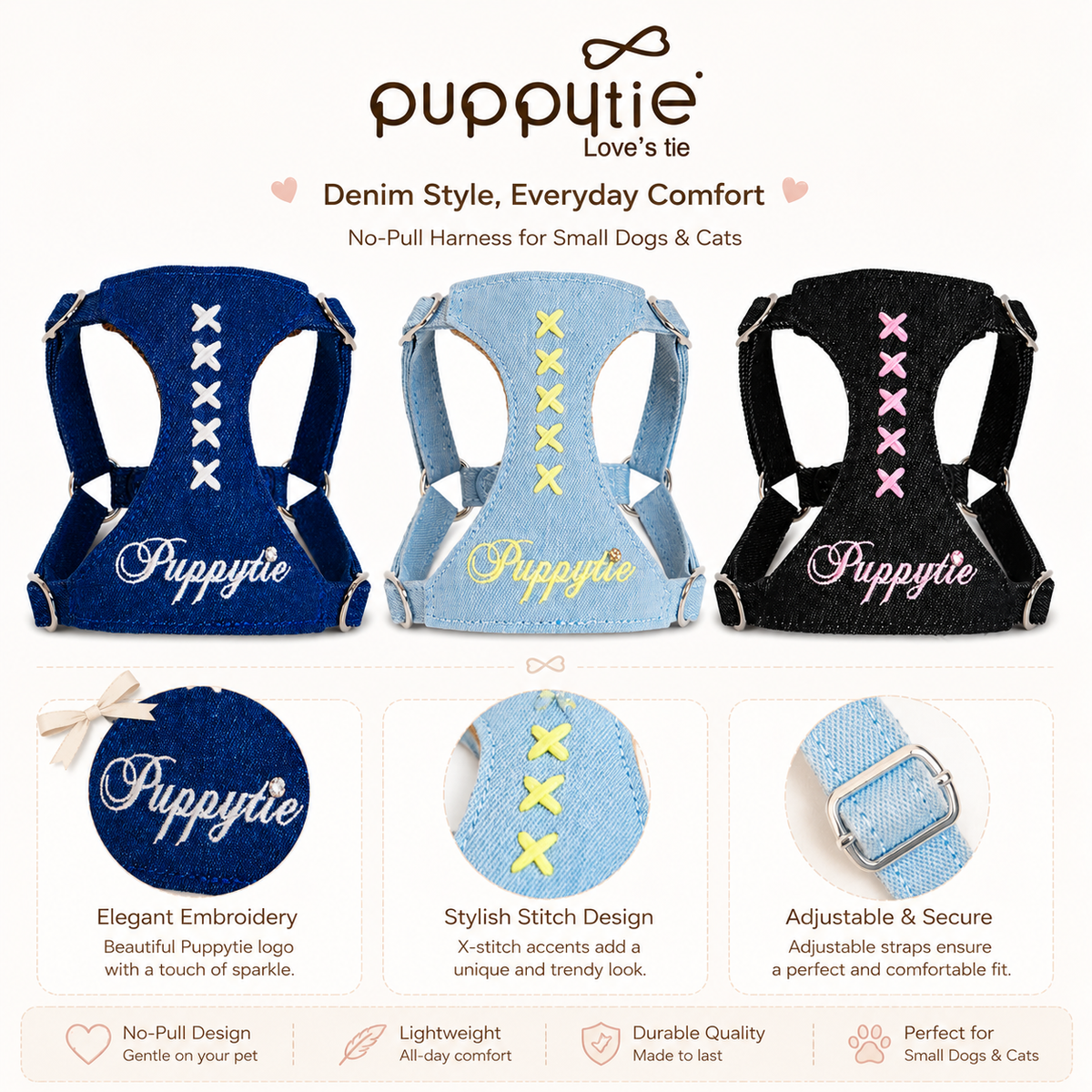 Puppytie Denim Cross Stitch No Pull Dog & Cat Harness – Adjustable Vest Harness for Small Pets
