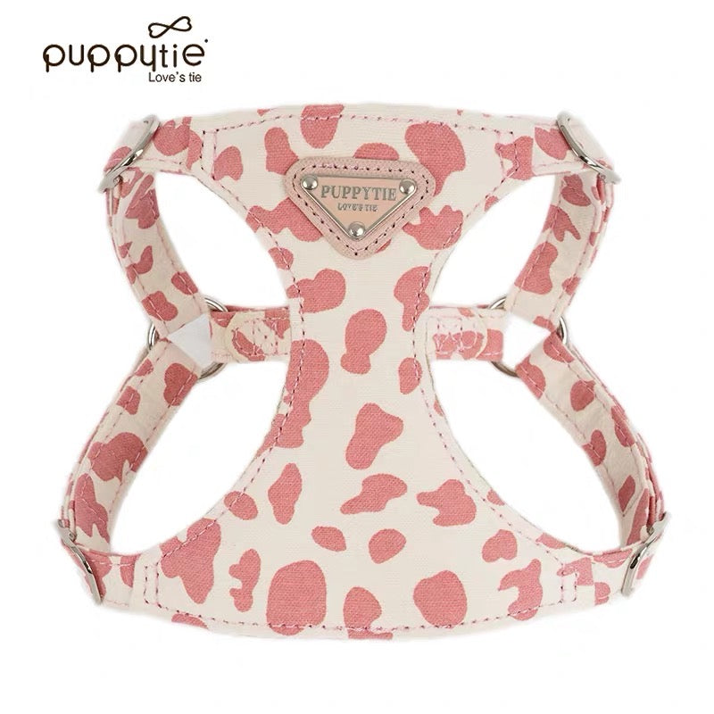 Puppytie【小型犬・猫用】牛柄ハーネス＆リードセット｜甘かわデザインでお散歩をもっと楽しく｜Cow-Pattern Dog & Cat Harness with Leash | Cute Small Pet Harness