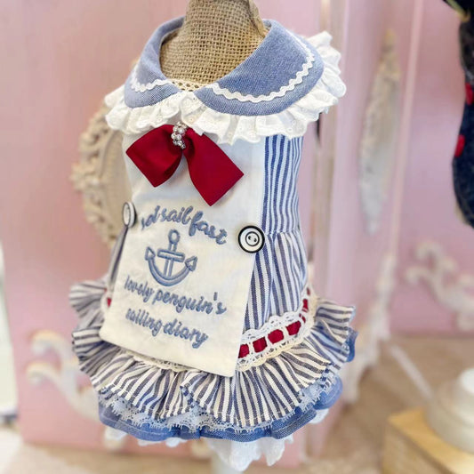 TaniWina Lovely Penguin's Sailor Dress for Small Dog- Nautical Stripe Embroidery