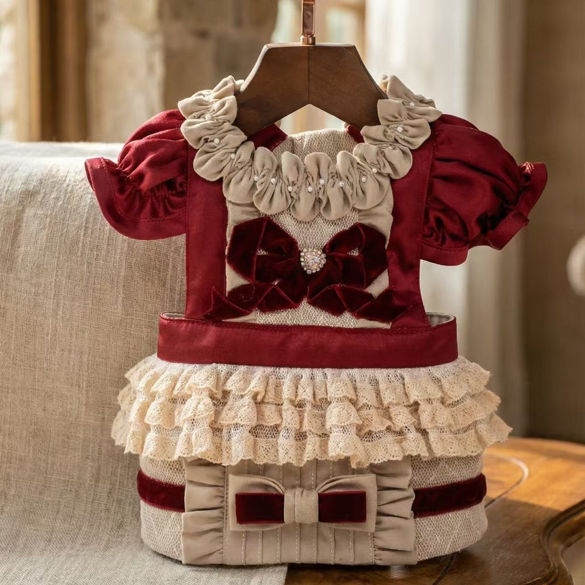 Elsamilu Bordeaux Velvet Romance Pet Dress – Elegant Winter Outfit for Small Dogs & Cats