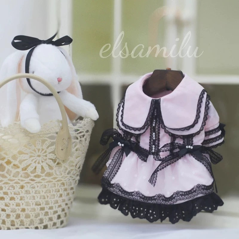 エルサミル ゴシックロマンス 長袖ペットドレス - ピンク＆ブルーのレース 小型犬＆猫用