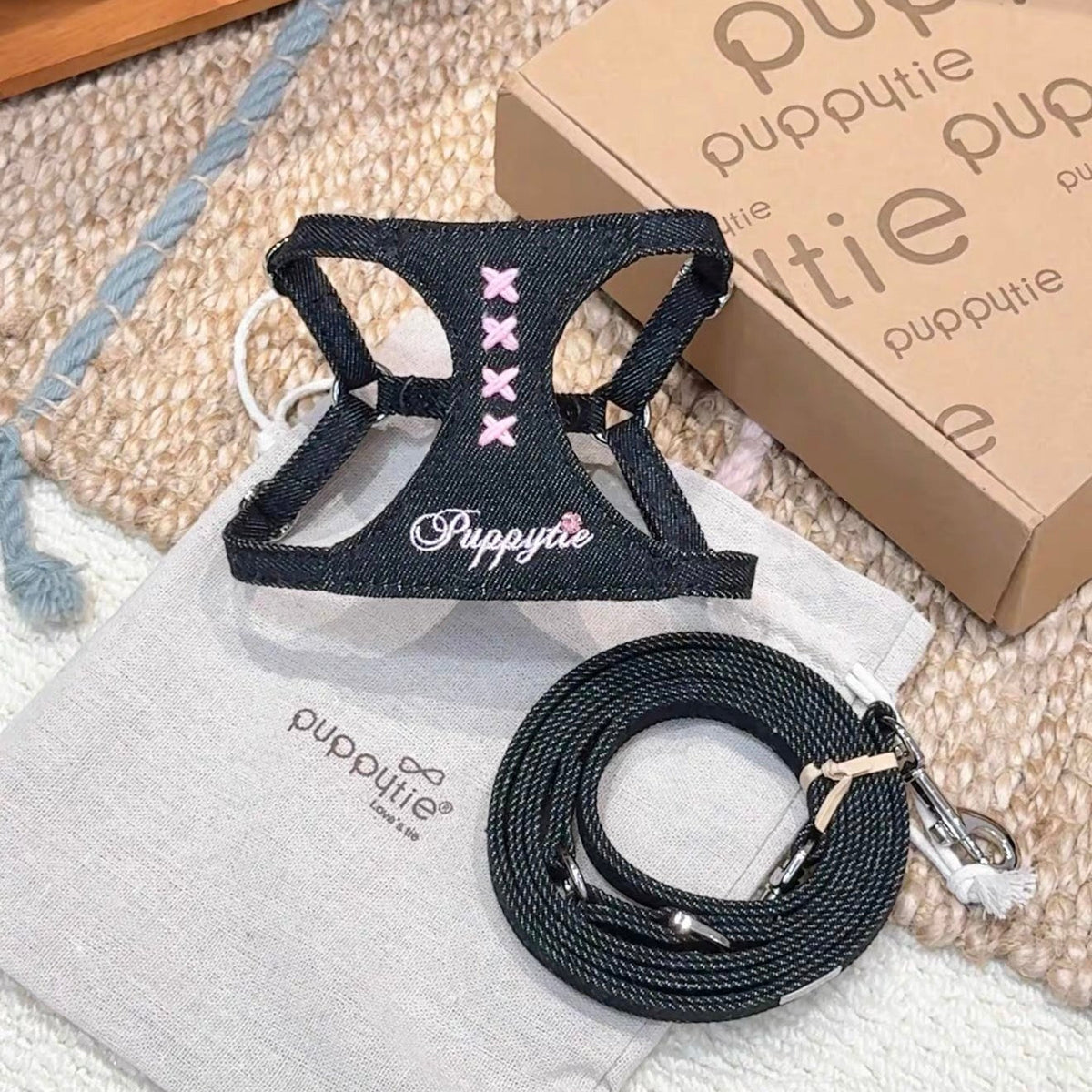Puppytie Denim Cross Stitch No Pull Dog & Cat Harness – Adjustable Vest Harness for Small Pets