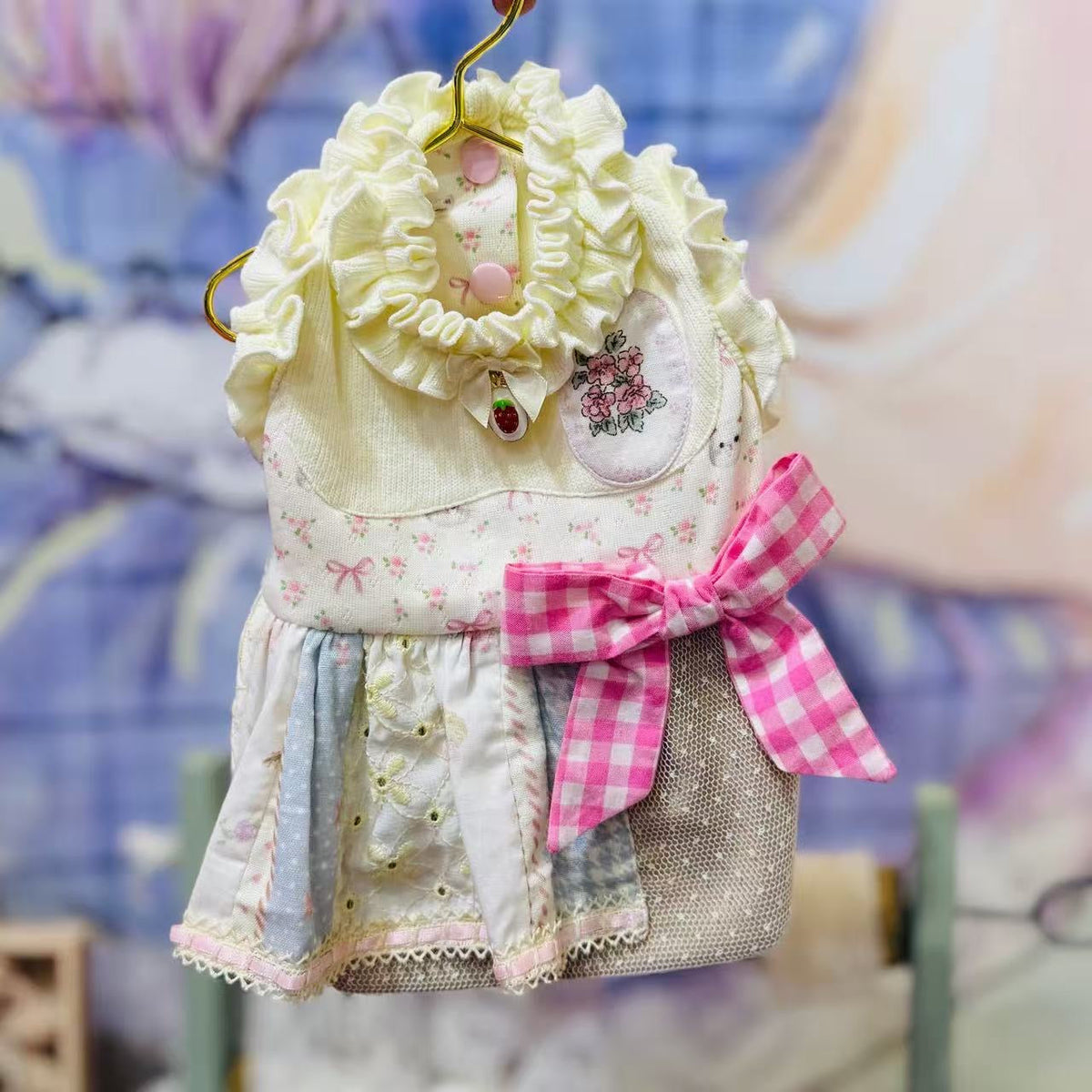 エルサミル パッチワーク キティ ガーデン ペットドレス – 小型犬・猫用 ピンク キュート な一着