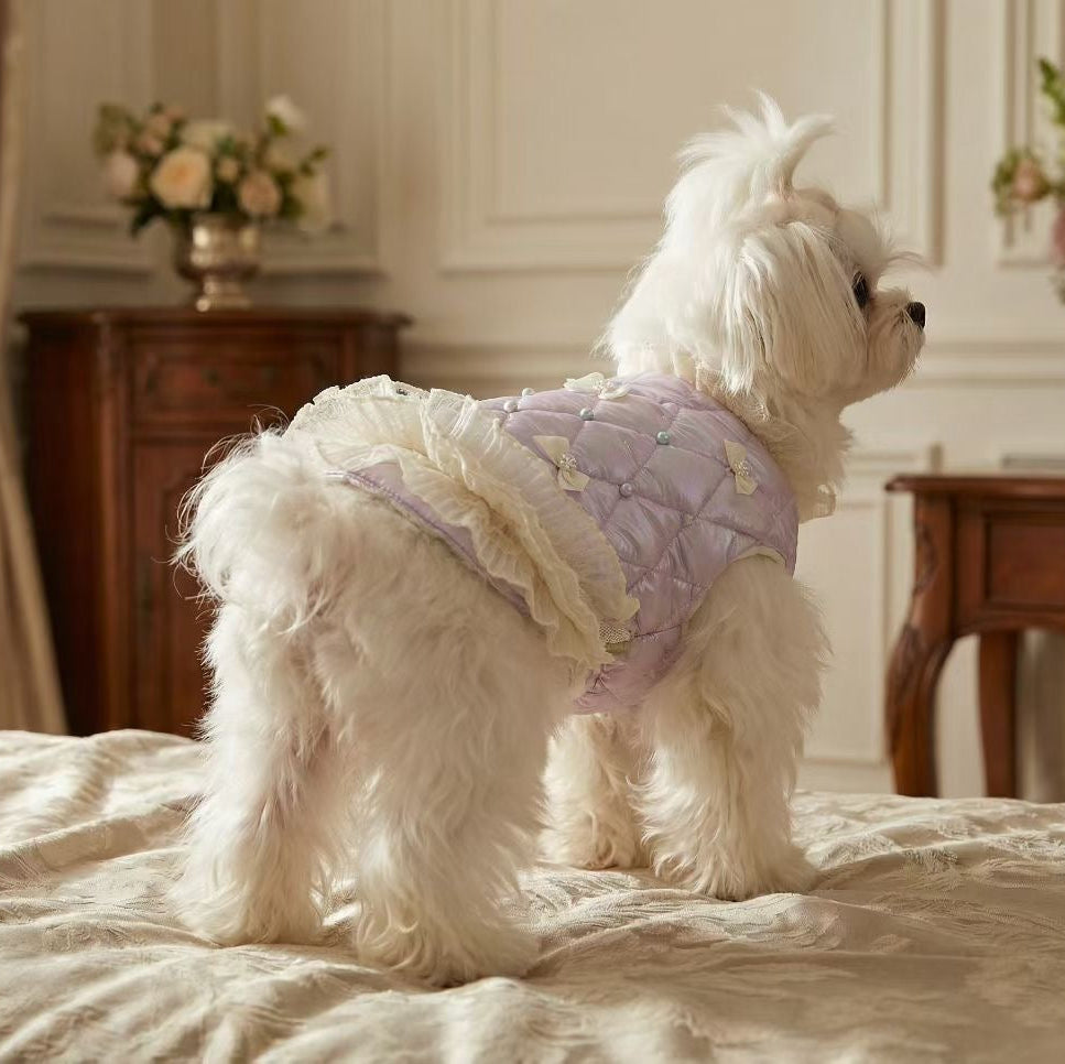 Elsamilu Pearl Bow Quilted Winter Down Pet Dress – Lavender Elegant Warm Outfit for Small Dogs & Cats