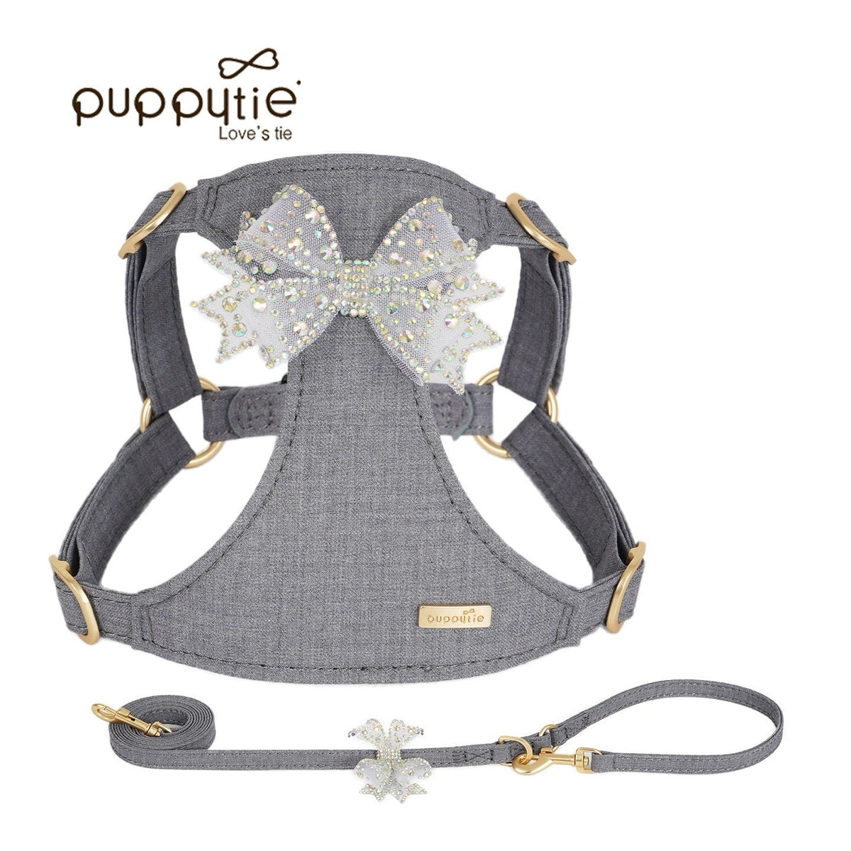 Puppytie スパークリングラインストーンボウドッグ＆キャットハーネス – 通気性のあるTR生地使用、スタイリッシュなペットベスト|Sparkling Rhinestone Bow Dog & Cat Harness – Breathable TR Fabric, Stylish Pet Vest