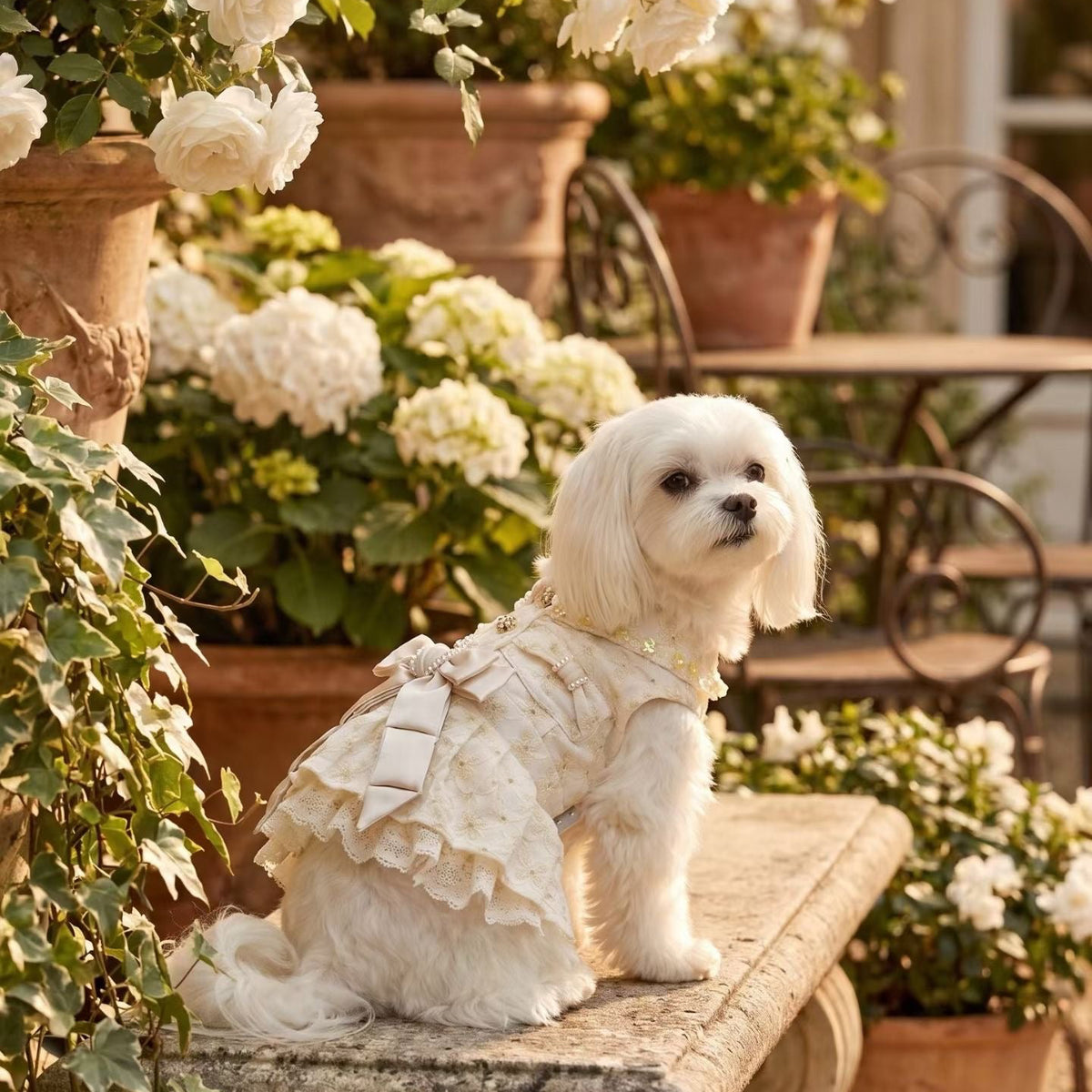 Elsamilu Elegant Tweed Pet Dress with Pearl Bow – Classic Winter Outfit for Small Dogs & Cats