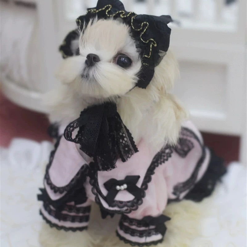 エルサミル ゴシックロマンス 長袖ペットドレス - ピンク＆ブルーのレース 小型犬＆猫用