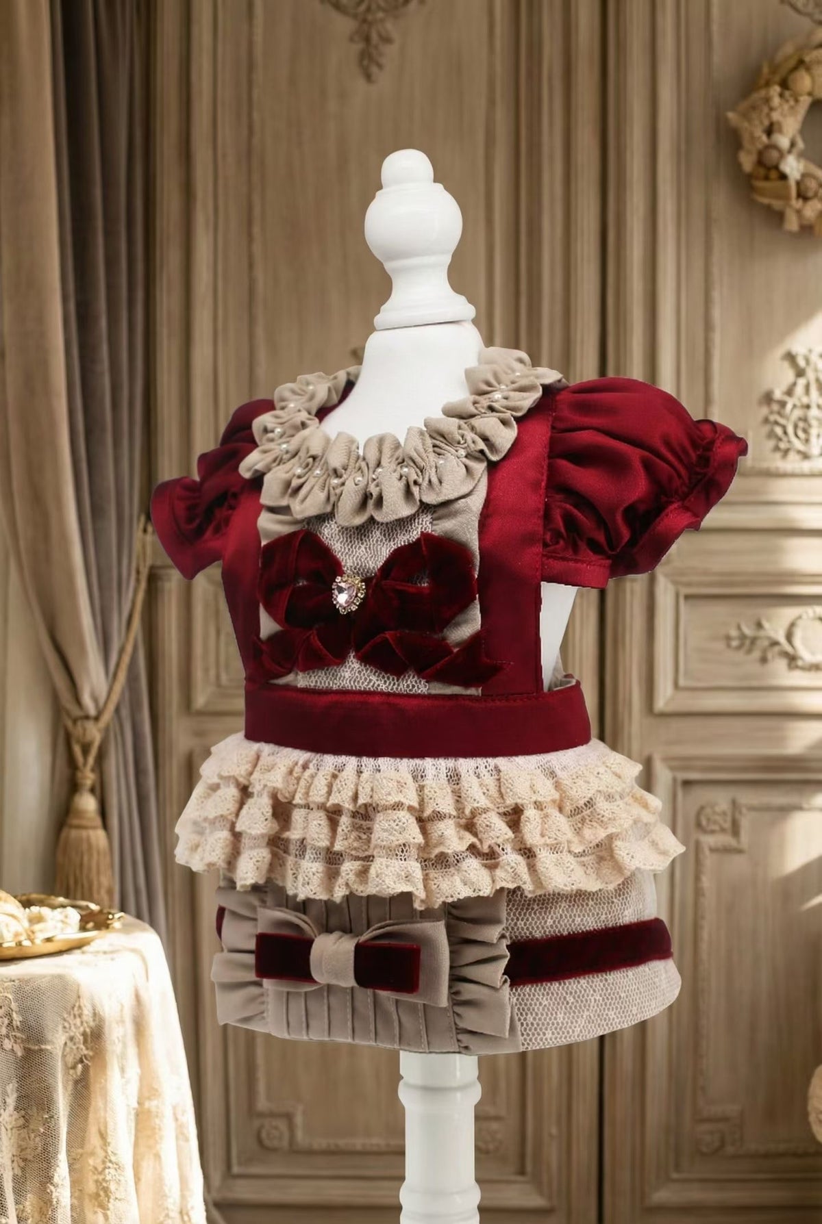 Elsamilu Bordeaux Velvet Romance Pet Dress – Elegant Winter Outfit for Small Dogs & Cats