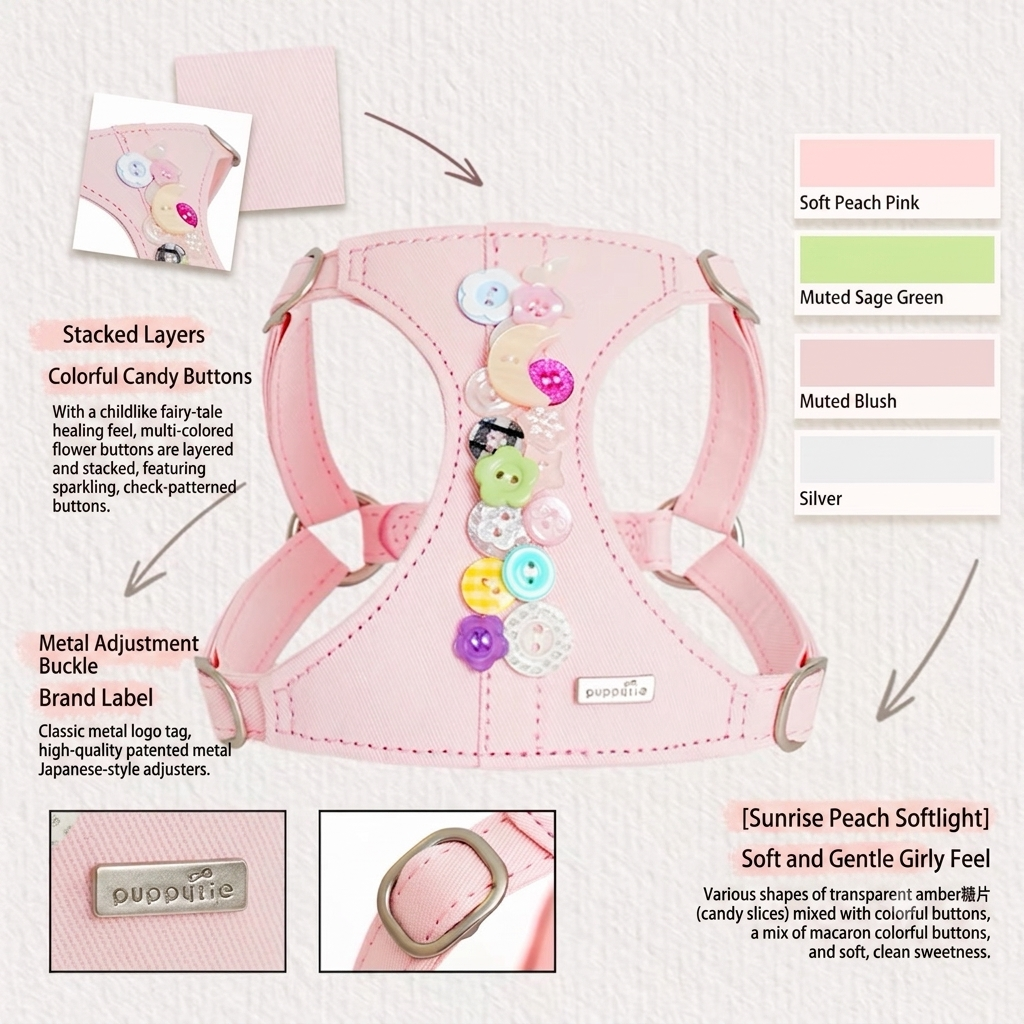 Puppytie Denim Candy Button No Pull Dog & Cat Harness – Adjustable Vest Harness for Small Pets
