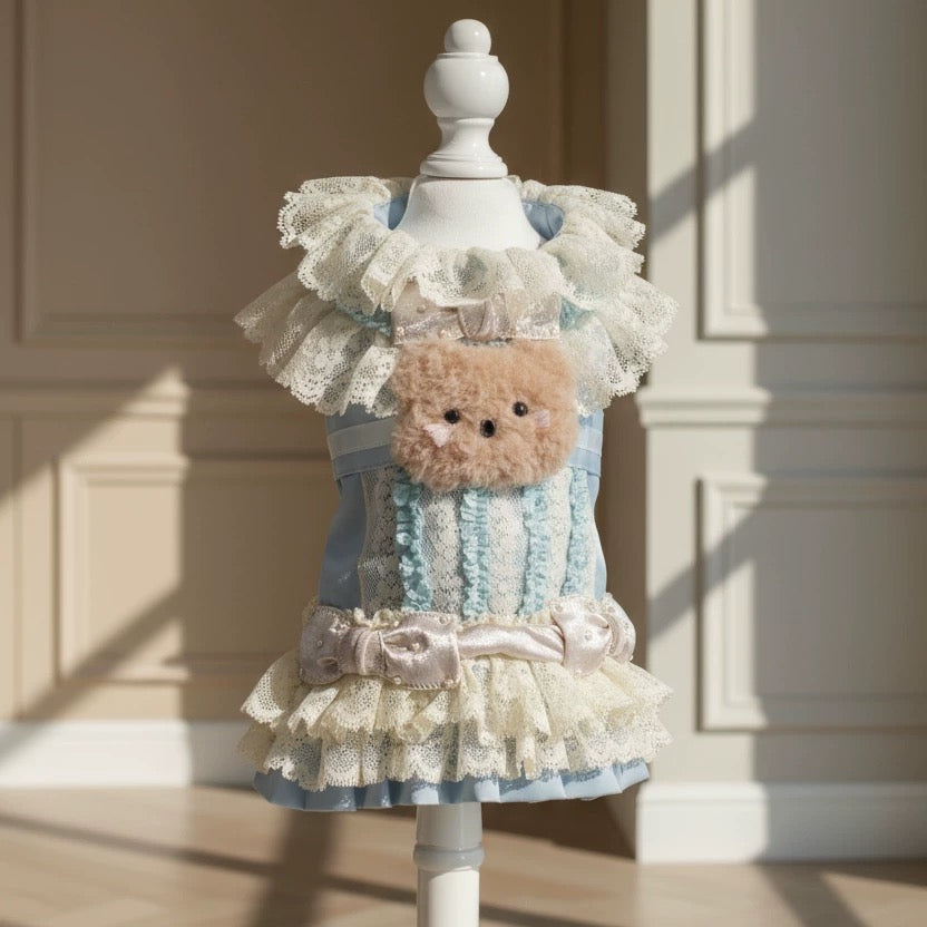 Elsamilu Lovely Bear Romantic Pet Dress – Blue Lace Outfit for Small Dogs & Cats