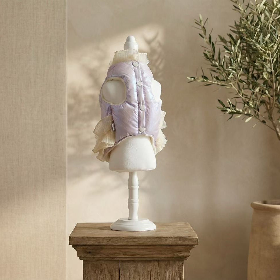 Elsamilu Pearl Bow Quilted Winter Down Pet Dress – Lavender Elegant Warm Outfit for Small Dogs & Cats
