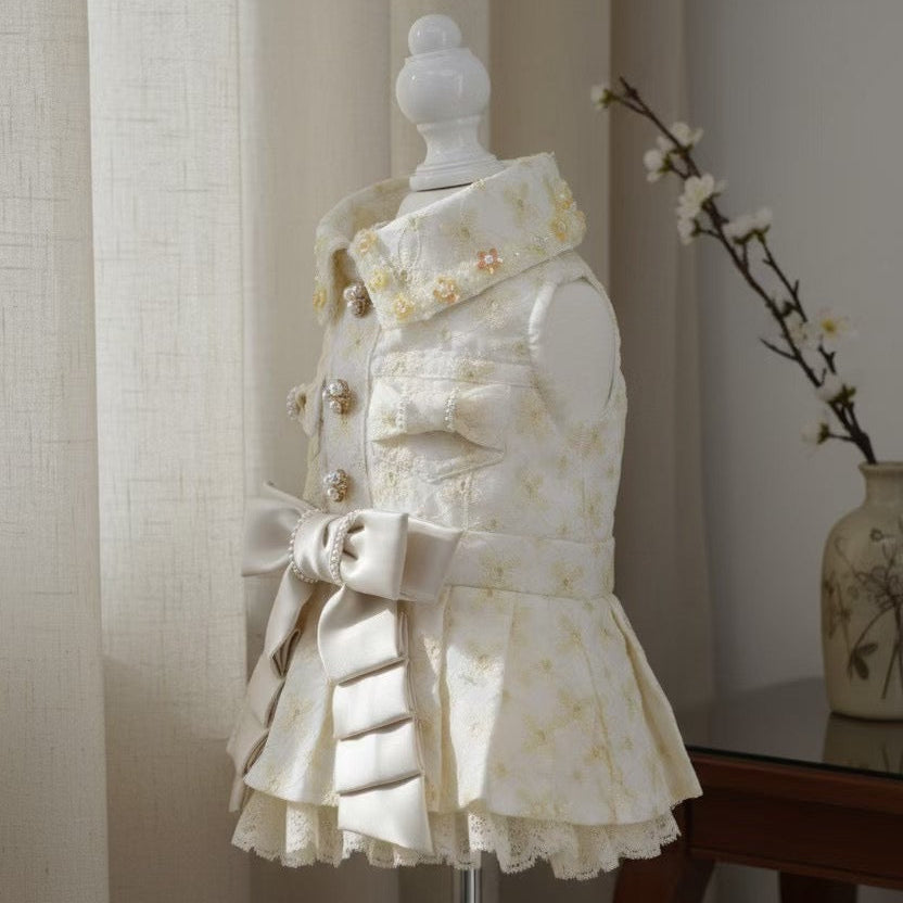 Elsamilu Elegant Tweed Pet Dress with Pearl Bow – Classic Winter Outfit for Small Dogs & Cats