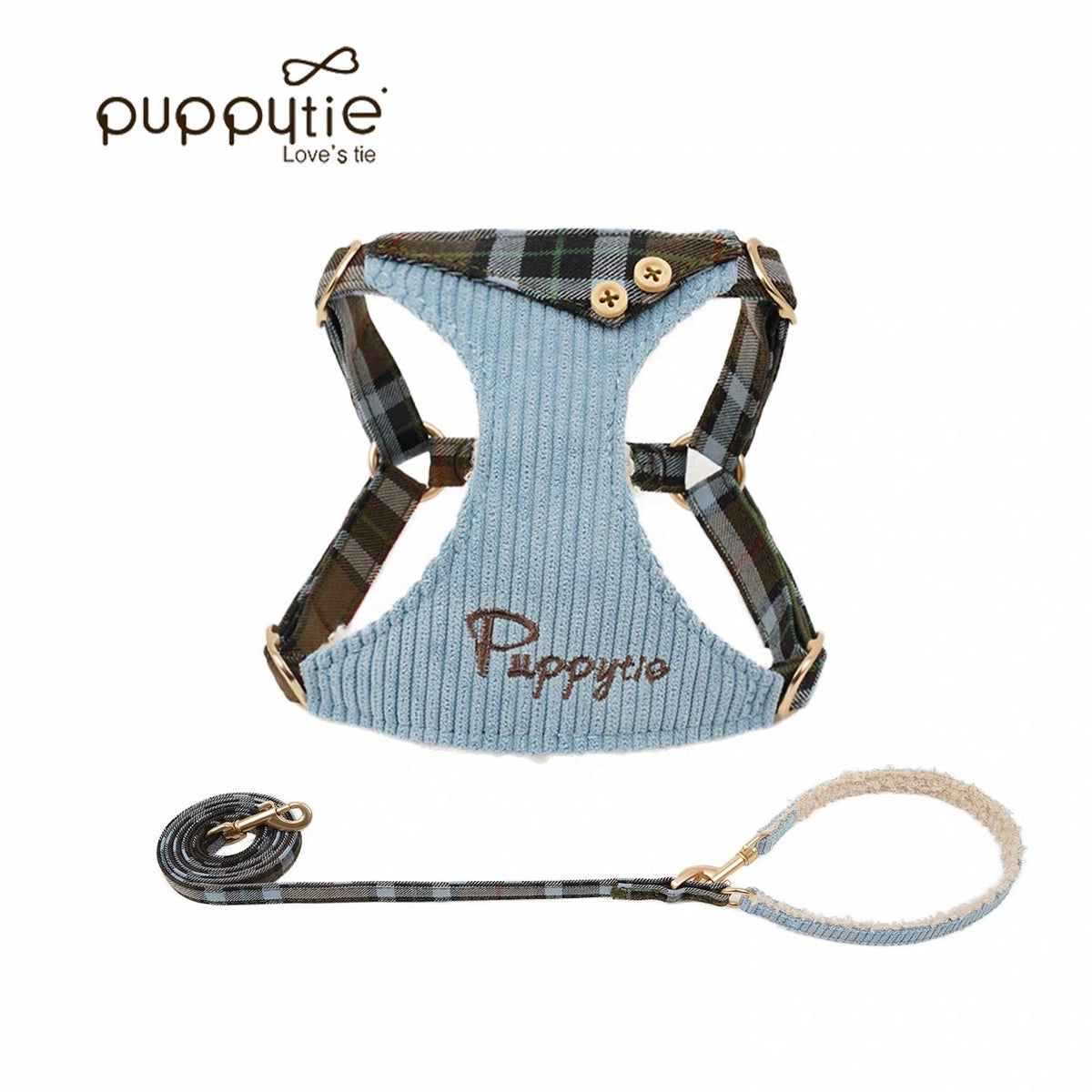 Puppytie 軽量ヴィンテージチェック柄ペットハーネス（猫と小型犬用）| ソフトコーデュロイ| Puppytie Lightweight Vintage Plaid Pet Harness for Cats & Small Dogs | Soft Corduroy