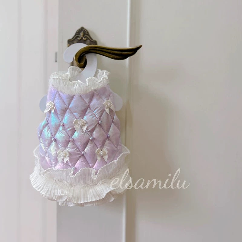 Elsamilu Pearl Bow Quilted Winter Down Pet Dress – Lavender Elegant Warm Outfit for Small Dogs & Cats
