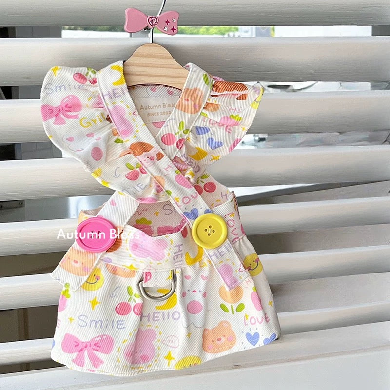 Autumn Bless Floral Ruffle Dress with Harness Attachment for Small Dogs – Cute Button Details