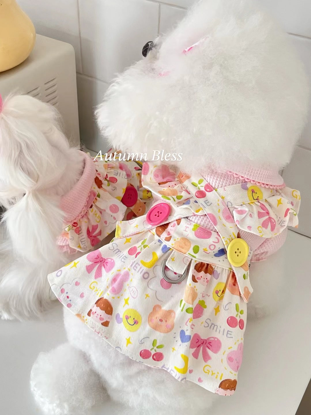 Autumn Bless Floral Ruffle Dress with Harness Attachment for Small Dogs – Cute Button Details