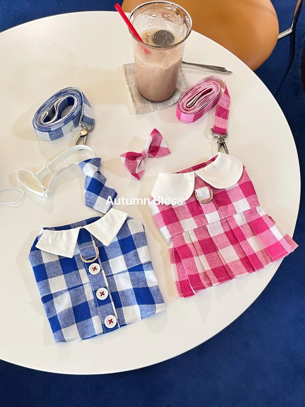 Autumn Bless Plaid Dress and Harness Set – Pink & Blue Collection