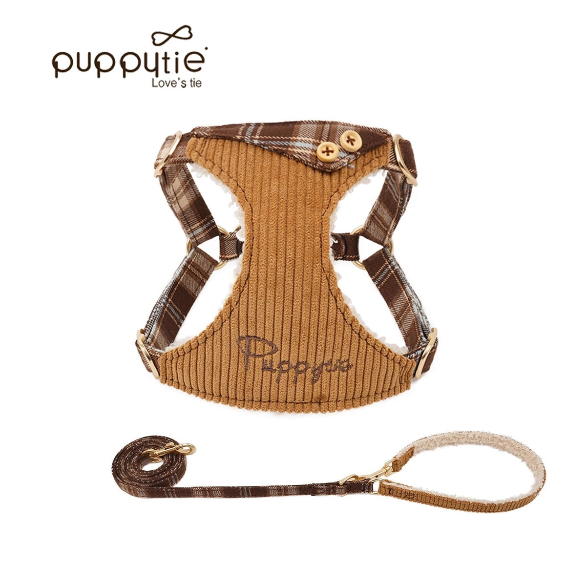 Puppytie 軽量ヴィンテージチェック柄ペットハーネス（猫と小型犬用）| ソフトコーデュロイ| Puppytie Lightweight Vintage Plaid Pet Harness for Cats & Small Dogs | Soft Corduroy
