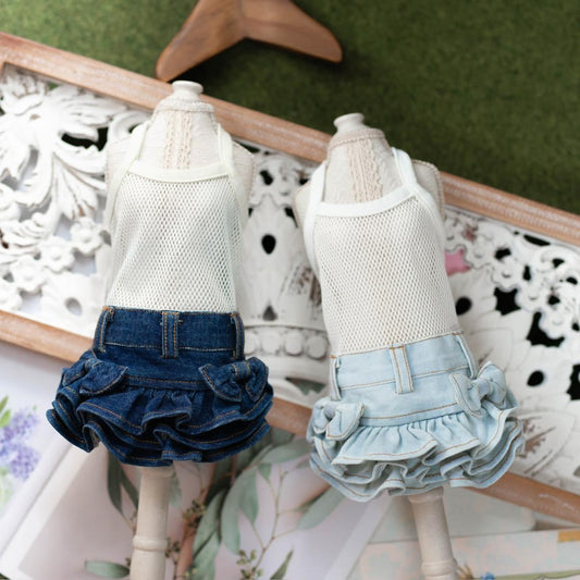 TaniWina Denim Tiered Skirt with Bow Decor for Small Dog