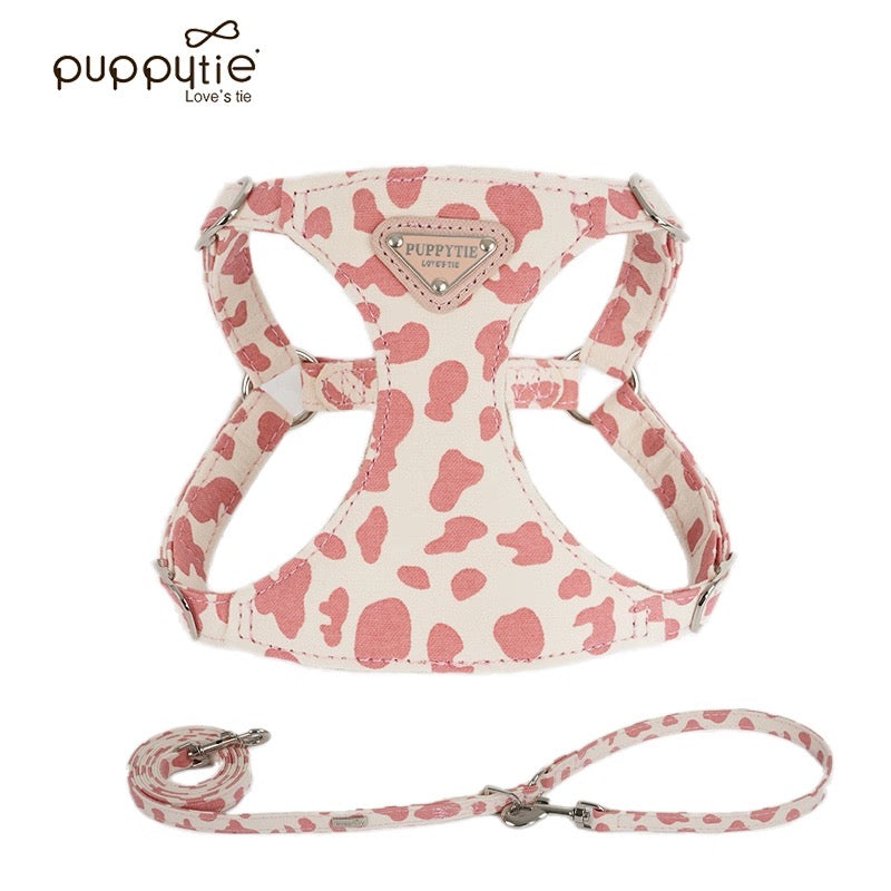 Puppytie【小型犬・猫用】牛柄ハーネス＆リードセット｜甘かわデザインでお散歩をもっと楽しく｜Cow-Pattern Dog & Cat Harness with Leash | Cute Small Pet Harness