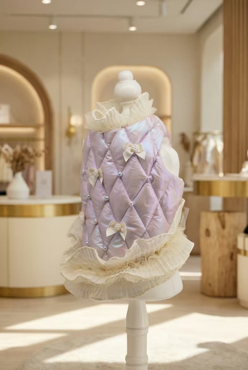 Elsamilu Pearl Bow Quilted Winter Down Pet Dress – Lavender Elegant Warm Outfit for Small Dogs & Cats