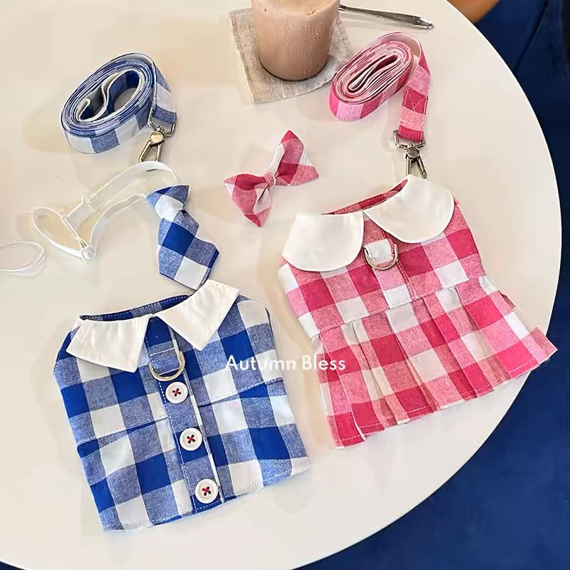 Autumn Bless Plaid Dress and Harness Set – Pink & Blue Collection