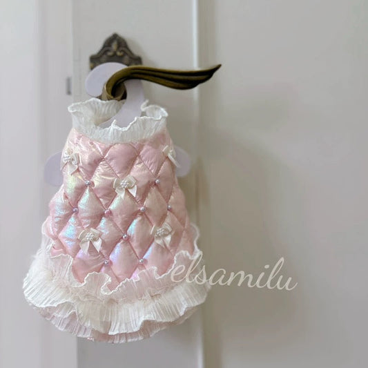 Elsamilu Pearl Bow Quilted Winter Down Pet Dress – Blush Pink Elegant Warm Outfit for Small Dogs & Cats