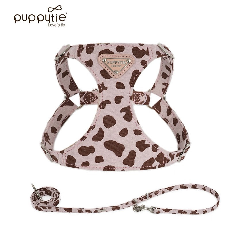 Puppytie【小型犬・猫用】牛柄ハーネス＆リードセット｜甘かわデザインでお散歩をもっと楽しく｜Cow-Pattern Dog & Cat Harness with Leash | Cute Small Pet Harness