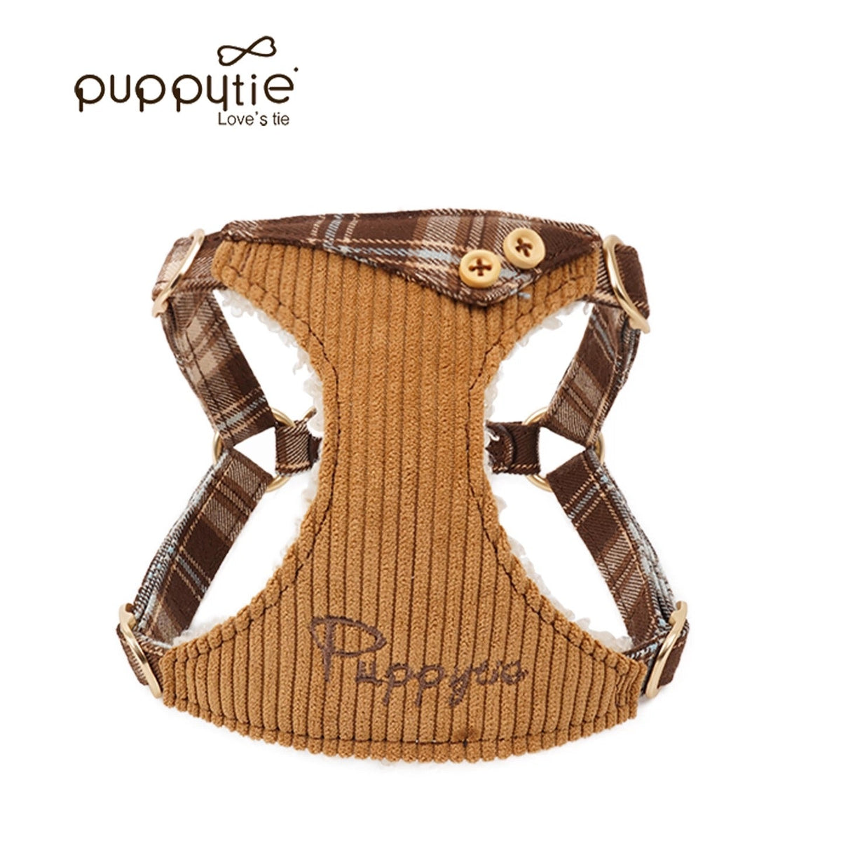 Puppytie 軽量ヴィンテージチェック柄ペットハーネス（猫と小型犬用）| ソフトコーデュロイ| Puppytie Lightweight Vintage Plaid Pet Harness for Cats & Small Dogs | Soft Corduroy