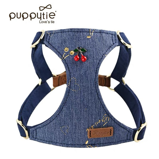 Puppytie デニムチェリードッグ＆キャットハーネス – 引っ張り防止ペットベスト（ソフトスエード背面付き）| Denim Cherry Dog & Cat Harness – No-Pull Pet Vest with Soft Suede Back