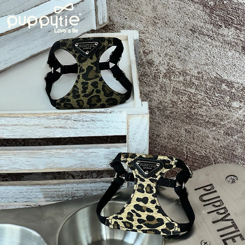 Puppytie レオパードプリントドッグ＆キャットハーネス＆リードセット – 丈夫なキャンバスペットベスト|  Leopard Print Dog & Cat Harness and Leash Set – Durable Canvas Pet Vest