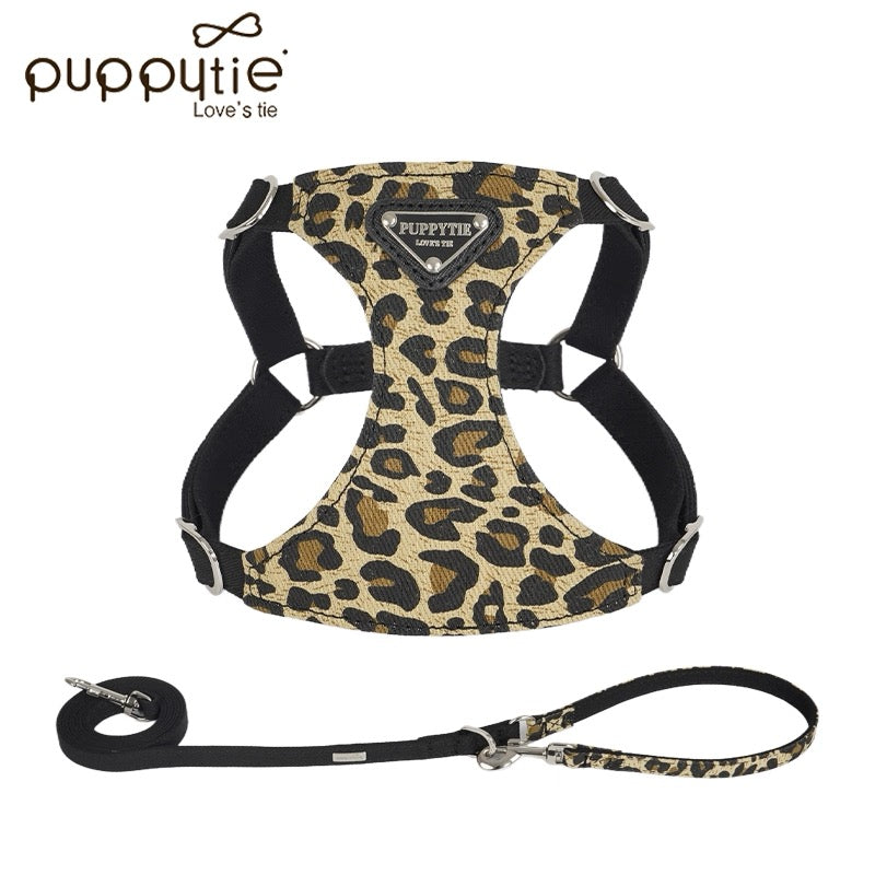 Puppytie レオパードプリントドッグ＆キャットハーネス＆リードセット – 丈夫なキャンバスペットベスト|  Leopard Print Dog & Cat Harness and Leash Set – Durable Canvas Pet Vest