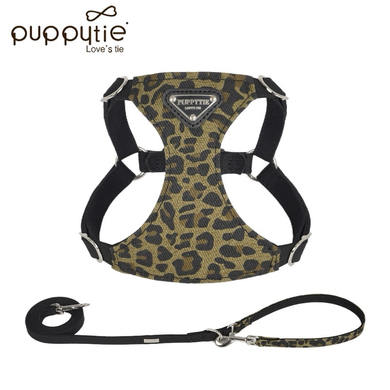 Puppytie レオパードプリントドッグ＆キャットハーネス＆リードセット – 丈夫なキャンバスペットベスト|  Leopard Print Dog & Cat Harness and Leash Set – Durable Canvas Pet Vest