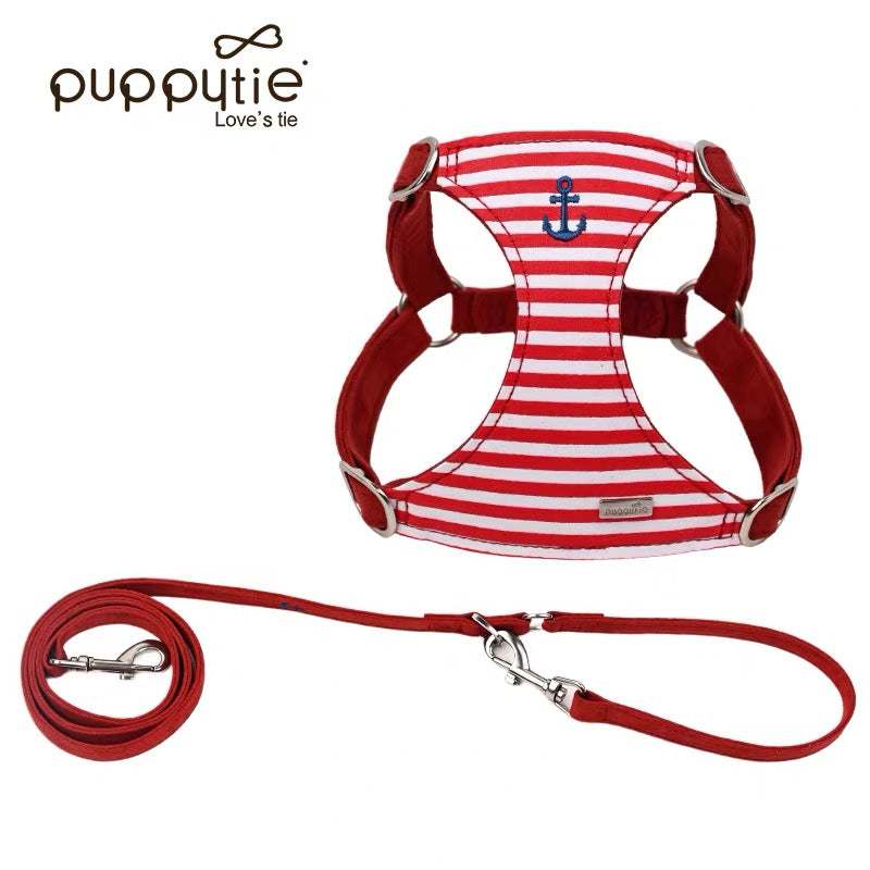 Puppytie マリンストライプドッグ＆キャットハーネス – アンカー刺繍入り軽量サマーペットベスト|Nautical Striped Dog & Cat Harness – Lightweight Summer Pet Vest with Anchor Embroidery
