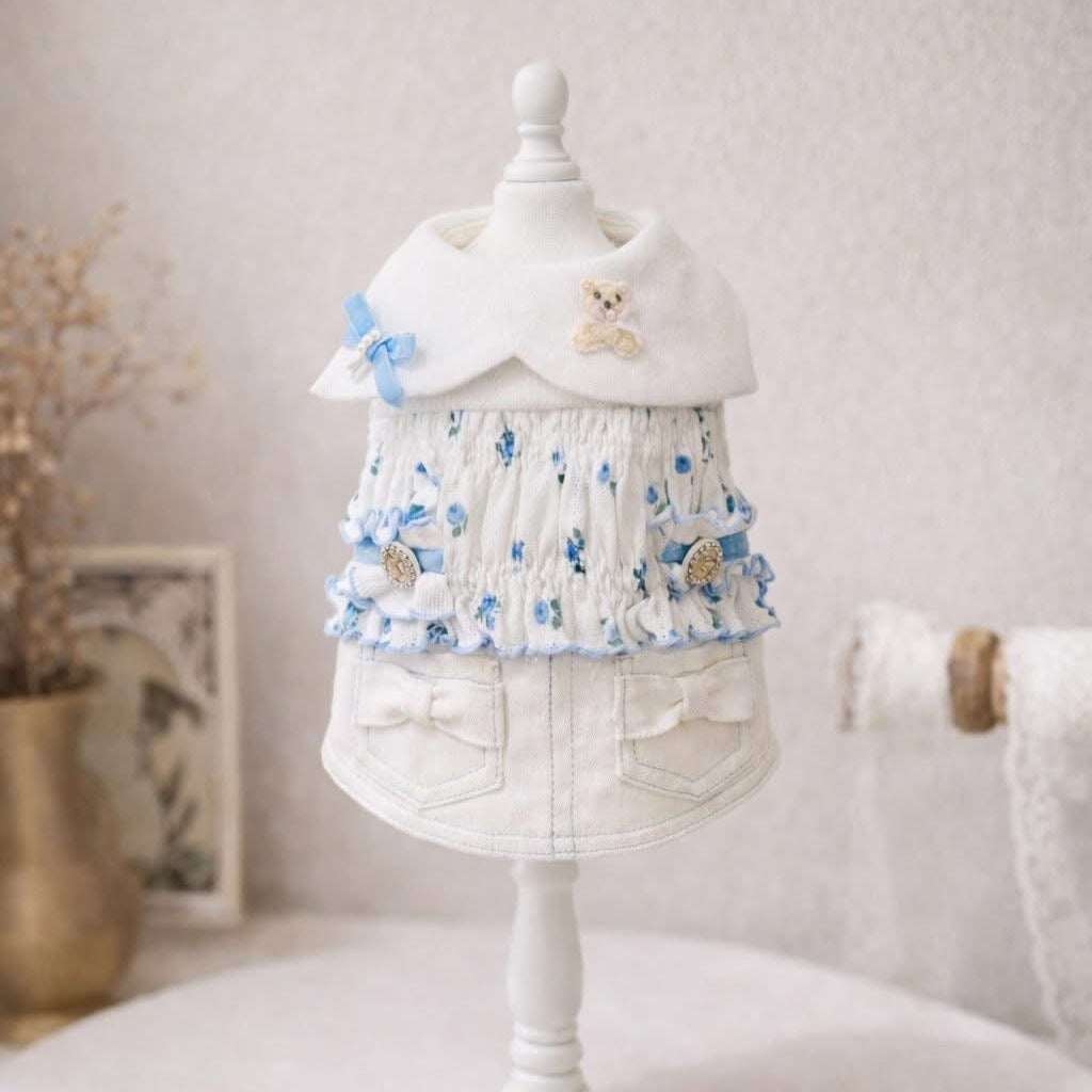 Elsamilu Twinkle Bear Pet Dress – Blue Cute Outfit for Small Dogs & Cats