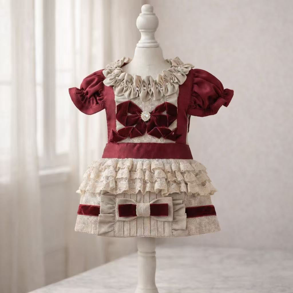 Elsamilu Bordeaux Velvet Romance Pet Dress – Elegant Winter Outfit for Small Dogs & Cats