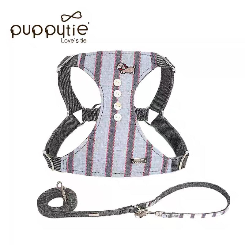 Puppytie ジャパニーズストライプペットハーネス（子犬刺繍入り）| 安全・軽量・スタイリッシュな猫＆小型犬用| Japanese Stripe Pet Harness with Puppy Embroidery | Safe, Lightweight & Stylish for Cats & Small Dogs
