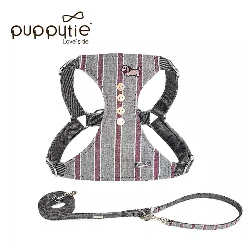 Puppytie ジャパニーズストライプペットハーネス（子犬刺繍入り）| 安全・軽量・スタイリッシュな猫＆小型犬用| Japanese Stripe Pet Harness with Puppy Embroidery | Safe, Lightweight & Stylish for Cats & Small Dogs