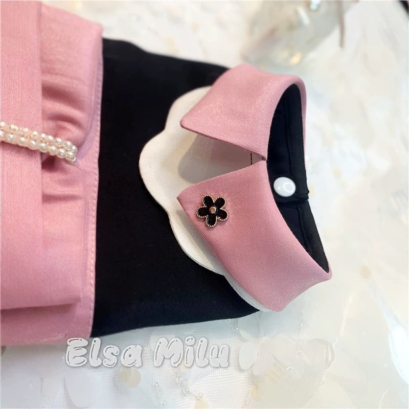 Elsamilu Pink Collar Pearl Ribbon Dress