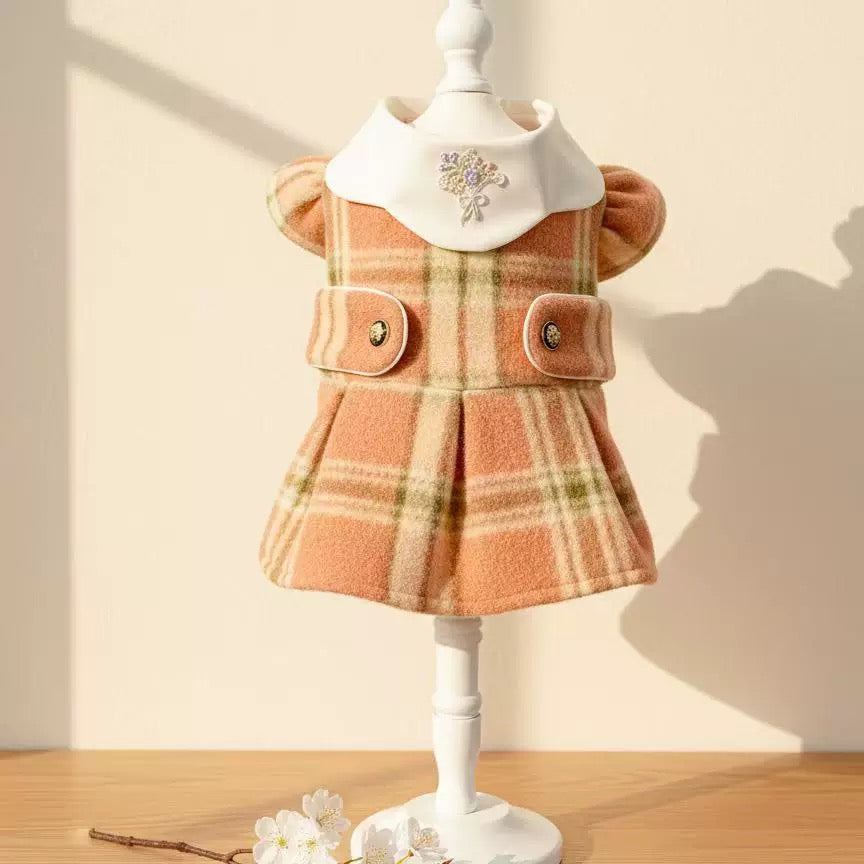 Elsamilu Plaid Elegance Wool Pet Dress – Classic Winter Outfit for Small Dogs & Cats