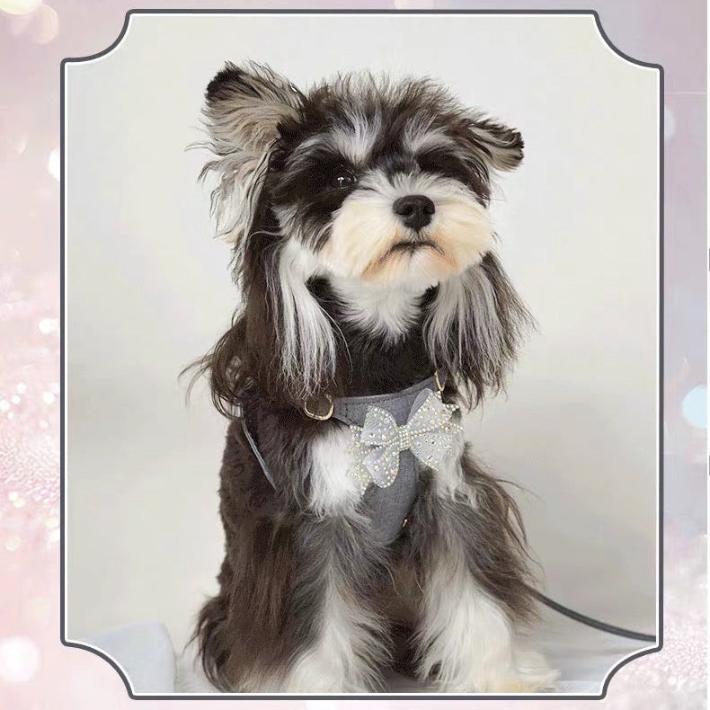 Puppytie スパークリングラインストーンボウドッグ＆キャットハーネス – 通気性のあるTR生地使用、スタイリッシュなペットベスト|Sparkling Rhinestone Bow Dog & Cat Harness – Breathable TR Fabric, Stylish Pet Vest