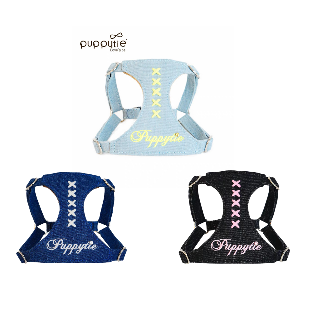 Puppytie Denim Cross Stitch No Pull Dog & Cat Harness – Adjustable Vest Harness for Small Pets